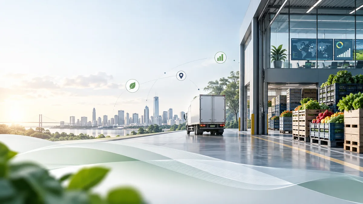 Distribution yard with produce crates and a box truck at a loading dock, city skyline beyond